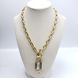 Authentic Louis Vuitton Gold Padlock w/Unbranded Stainless Steel Chain Necklace